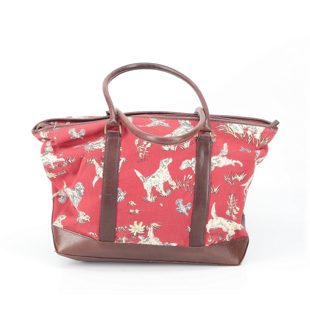 Vintage LL Bean red cotton canvas and leather hunting dog toile print tote bag - Picture 3 of 13